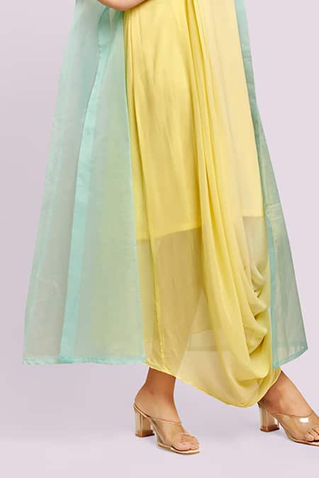Shop Blue Lotus Design Yellow Georgette, Organza Round , Open Ombre Drape Dress And Jacket Online at Aza Fashions Shop_Blue Lotus Design_Yellow Georgette, Organza Round , Open Ombre Drape Dress And Jacket _Online_at_Aza_Fashions