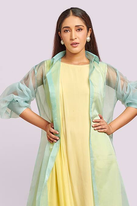 Blue Lotus Design Yellow Georgette, Organza Round , Open Ombre Drape Dress And Jacket at Aza Fashions Blue Lotus Design_Yellow Georgette, Organza Round , Open Ombre Drape Dress And Jacket _at_Aza_Fashions