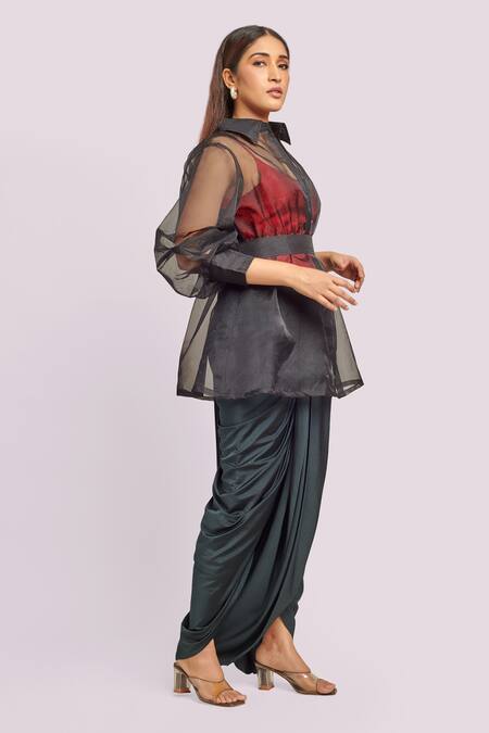 Shop_Blue Lotus Design_Black Collared And Red Dhoti Set With Peplum Jacket _Online_at_Aza_Fashions