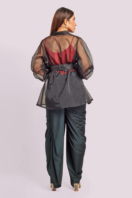 Blue Lotus Design Black & Red Dhoti Set With Peplum Jacket 
