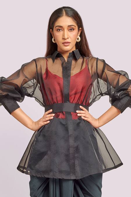 Shop_Blue Lotus Design_Black Collared And Red Dhoti Set With Peplum Jacket 