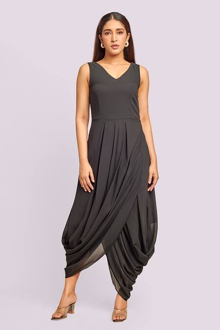 Blue Lotus Design_Black Georgette, Organza V-neck, Collared Drape Dress And Peplum Jacket _Online_at_Aza_Fashions