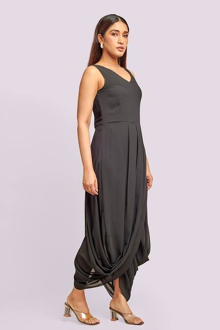 Buy_Blue Lotus Design_Black Georgette, Organza V-neck, Collared Drape Dress And Peplum Jacket _Online_at_Aza_Fashions