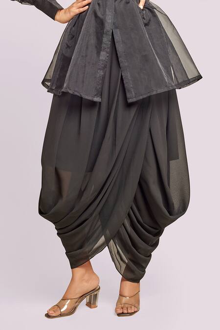 Shop_Blue Lotus Design_Black Georgette, Organza V-neck, Collared Drape Dress And Peplum Jacket _Online_at_Aza_Fashions