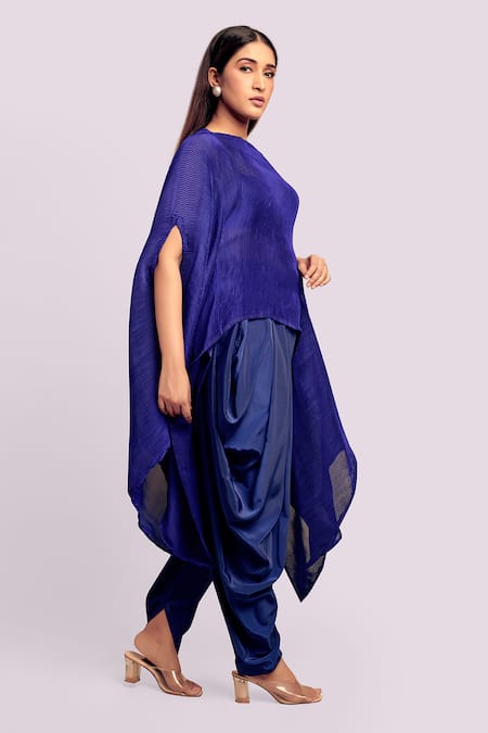 Blue Lotus Design_Blue Satin Off-shoulder Pleated Drape Top And Dhoti Set _Online_at_Aza_Fashions
