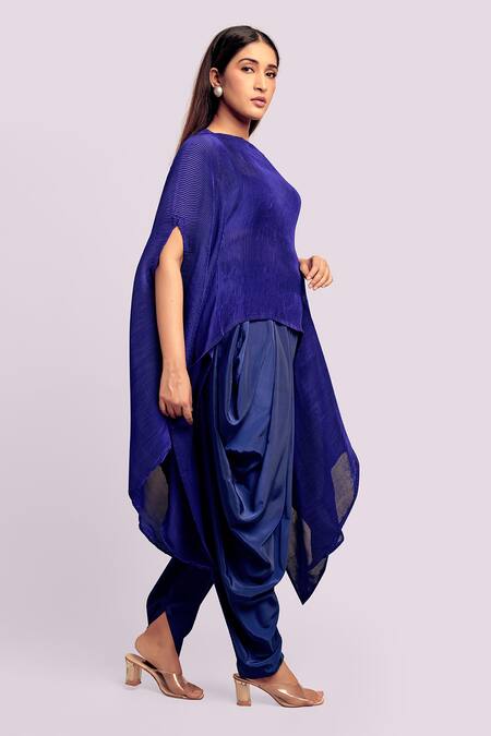 Buy_Blue Lotus Design_Blue Satin Off-shoulder Pleated Drape Top And Dhoti Set _Online_at_Aza_Fashions