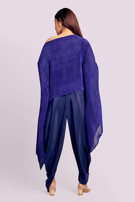 Blue Lotus Design Pleated Drape Top & Dhoti Set 