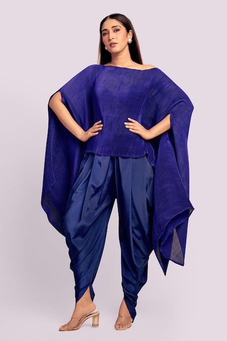 Shop_Blue Lotus Design_Blue Satin Off-shoulder Pleated Drape Top And Dhoti Set _Online_at_Aza_Fashions