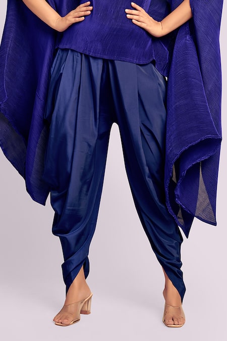 Blue Lotus Design_Blue Satin Off-shoulder Pleated Drape Top And Dhoti Set _at_Aza_Fashions