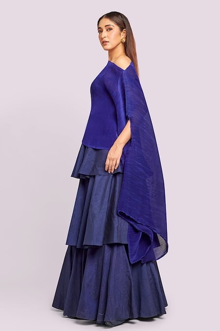 Blue Lotus Design Pleated Drape Top & Tiered Lehenga Set 