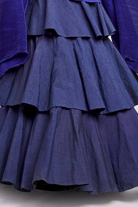 Blue Lotus Design_Blue Off-shoulder Pleated Drape Top And Tiered Lehenga Set _Online_at_Aza_Fashions