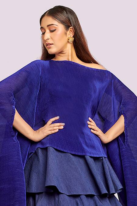 Buy_Blue Lotus Design_Blue Off-shoulder Pleated Drape Top And Tiered Lehenga Set _Online_at_Aza_Fashions
