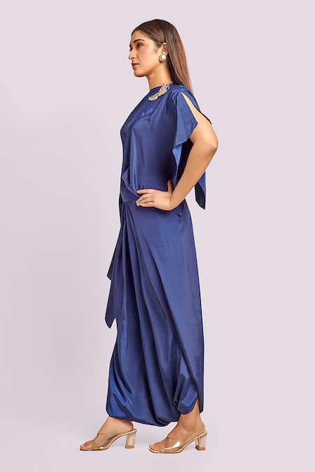 Buy_Blue Lotus Design_Blue Silk Round Neck Asymmetric Drape Top And Skirt Set _Online_at_Aza_Fashions