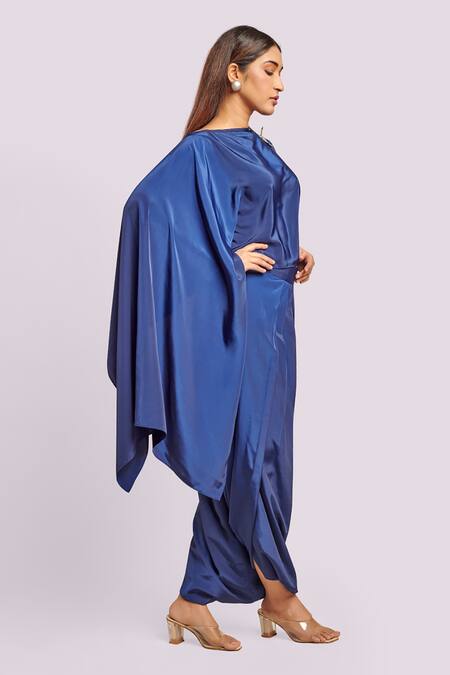 Shop_Blue Lotus Design_Blue Silk Round Neck Asymmetric Drape Top And Skirt Set _Online_at_Aza_Fashions