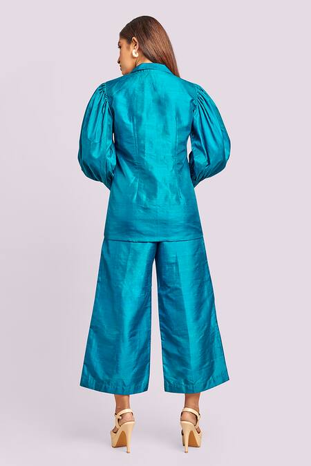 Blue Lotus Design Teal Puff Sleeve Blazer & Culotte Set 