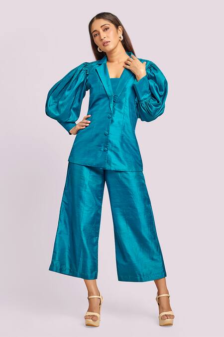 Buy Blue Lotus Design Teal Puff Sleeve Blazer And Culotte Set Online at Aza Fashions Buy_Blue Lotus Design_Teal Puff Sleeve Blazer And Culotte Set _Online_at_Aza_Fashions