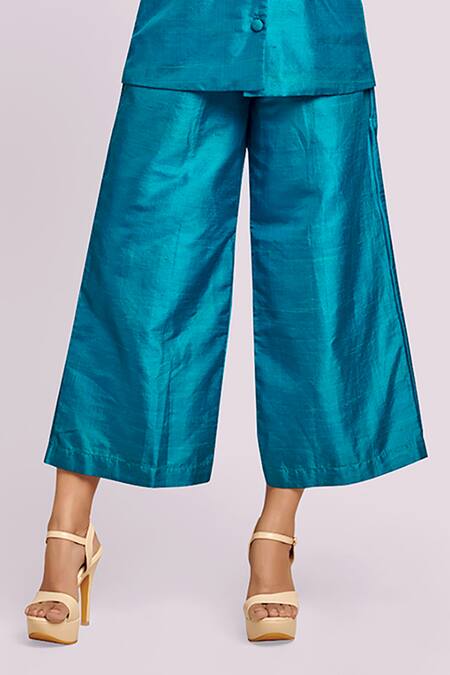 Shop Blue Lotus Design Teal Puff Sleeve Blazer And Culotte Set Online at Aza Fashions Shop_Blue Lotus Design_Teal Puff Sleeve Blazer And Culotte Set _Online_at_Aza_Fashions