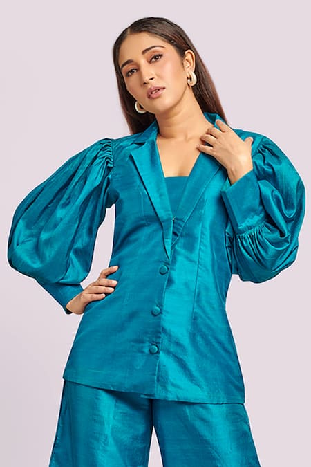 Blue Lotus Design Teal Puff Sleeve Blazer And Culotte Set at Aza Fashions Blue Lotus Design_Teal Puff Sleeve Blazer And Culotte Set _at_Aza_Fashions