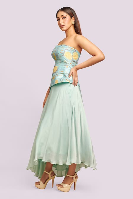 Blue Lotus Design_Blue Embroidery Off-shoulder Printed Corset Top And Asymmetric Lehenga _Online_at_Aza_Fashions
