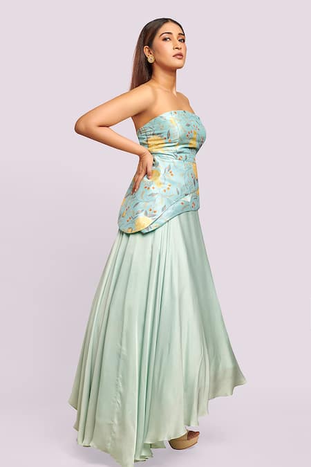 Buy_Blue Lotus Design_Blue Embroidery Off-shoulder Printed Corset Top And Asymmetric Lehenga _Online_at_Aza_Fashions