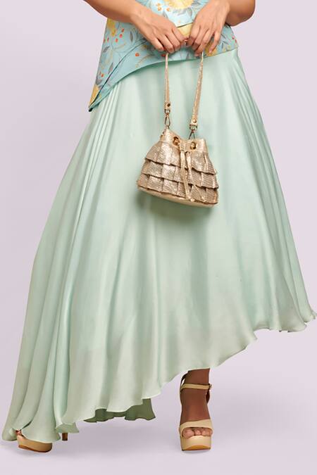 Shop_Blue Lotus Design_Blue Embroidery Off-shoulder Printed Corset Top And Asymmetric Lehenga _Online_at_Aza_Fashions