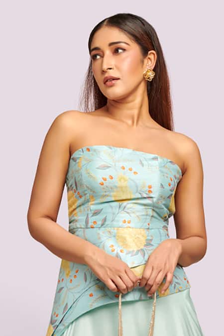 Blue Lotus Design_Blue Embroidery Off-shoulder Printed Corset Top And Asymmetric Lehenga _at_Aza_Fashions