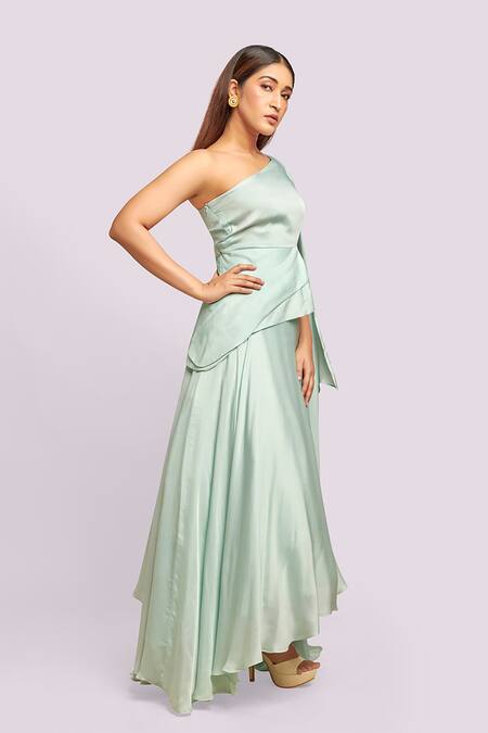 Blue Lotus Design_Mint Satin Asymmetric Drape Top And Lehenga Set _Online_at_Aza_Fashions