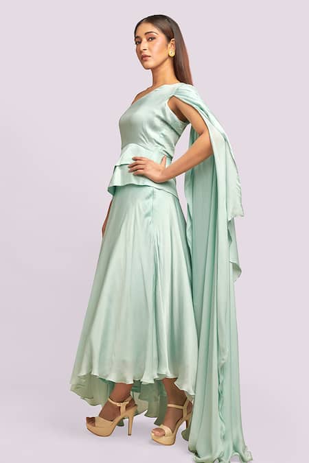 Blue Lotus Design Asymmetric Drape Top & Lehenga Set 