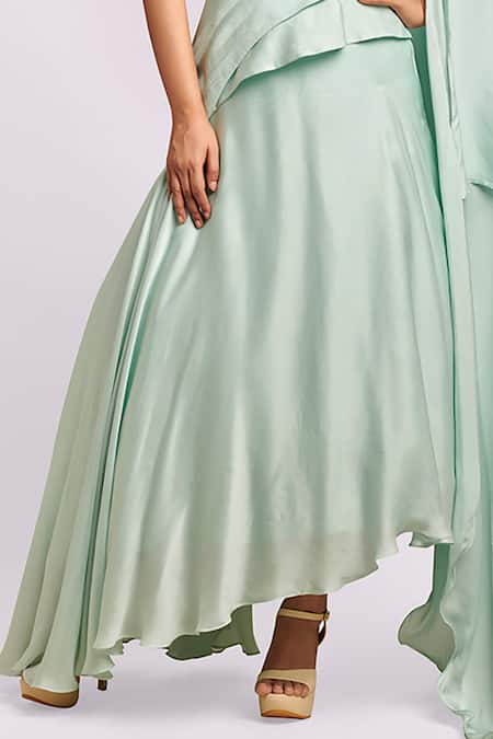 Shop_Blue Lotus Design_Mint Satin Asymmetric Drape Top And Lehenga Set _Online_at_Aza_Fashions
