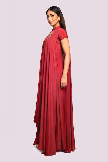 Blue Lotus Design_Red Crepe Embroidery Mandarin Collar Drape Dress With _Online_at_Aza_Fashions