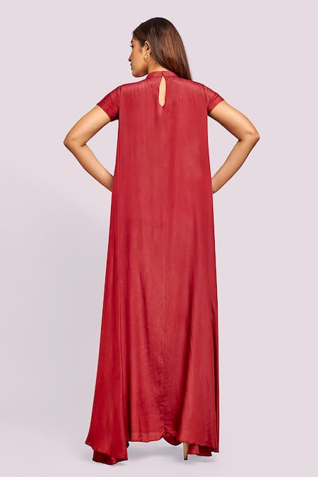 Blue Lotus Design Red Drape Dress With Embroidery 