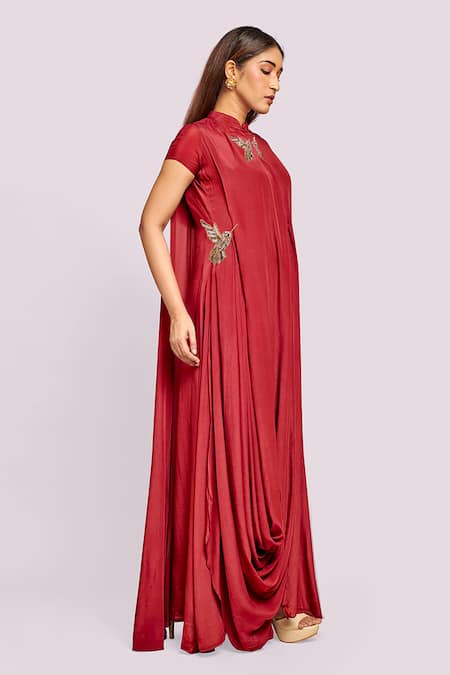 Buy_Blue Lotus Design_Red Crepe Embroidery Mandarin Collar Drape Dress With _Online_at_Aza_Fashions