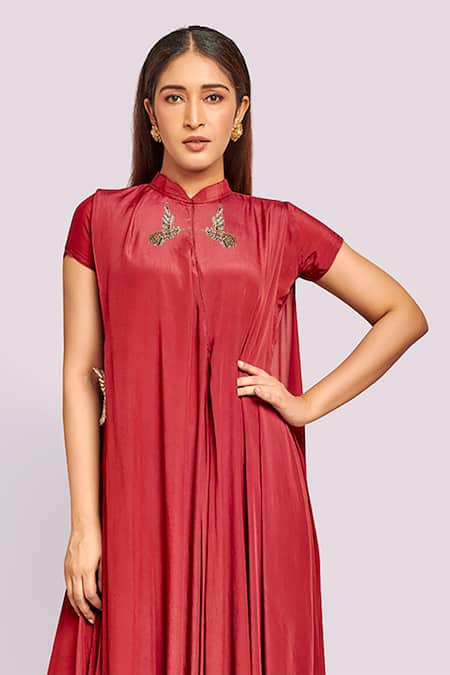 Shop_Blue Lotus Design_Red Crepe Embroidery Mandarin Collar Drape Dress With _Online_at_Aza_Fashions