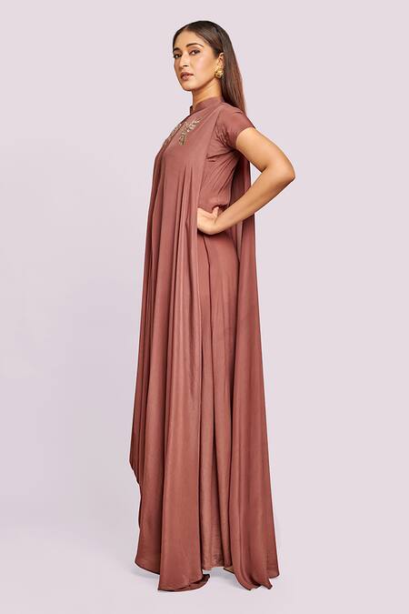Blue Lotus Design Brown Crepe Embroidery High Neck Drape Maxi Dress With Online at Aza Fashions Blue Lotus Design_Brown Crepe Embroidery High Neck Drape Maxi Dress With _Online_at_Aza_Fashions