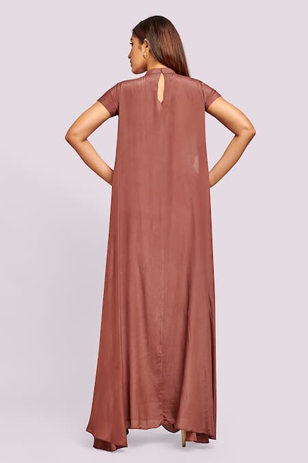 Blue Lotus Design Brown Drape Maxi Dress With Embroidery 