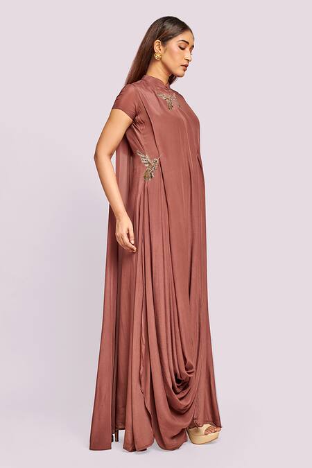 Buy Blue Lotus Design Brown Crepe Embroidery High Neck Drape Maxi Dress With Online at Aza Fashions Buy_Blue Lotus Design_Brown Crepe Embroidery High Neck Drape Maxi Dress With _Online_at_Aza_Fashions