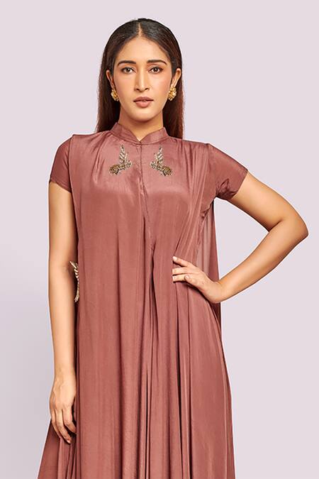 Shop Blue Lotus Design Brown Crepe Embroidery High Neck Drape Maxi Dress With Online at Aza Fashions Shop_Blue Lotus Design_Brown Crepe Embroidery High Neck Drape Maxi Dress With _Online_at_Aza_Fashions