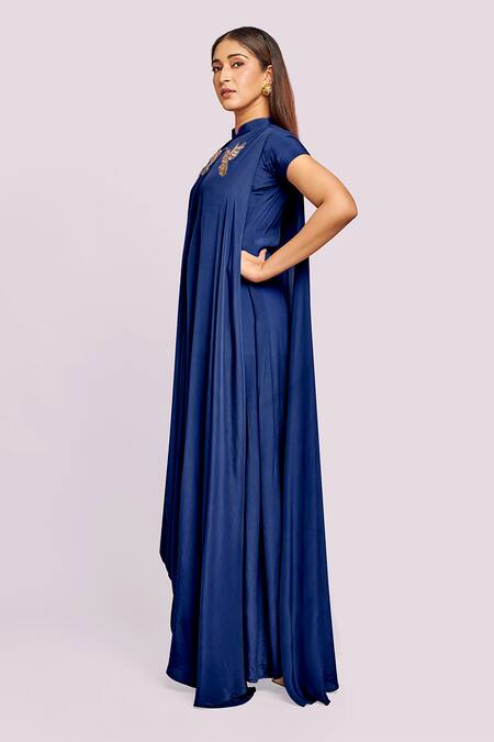Blue Lotus Design_Blue Crepe Embroidery High Neck Drape Maxi Dress _Online_at_Aza_Fashions