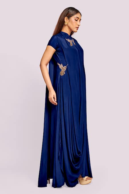 Buy_Blue Lotus Design_Blue Crepe Embroidery High Neck Drape Maxi Dress _Online_at_Aza_Fashions