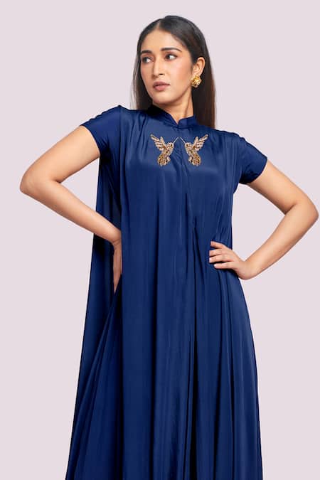 Shop_Blue Lotus Design_Blue Crepe Embroidery High Neck Drape Maxi Dress _Online_at_Aza_Fashions