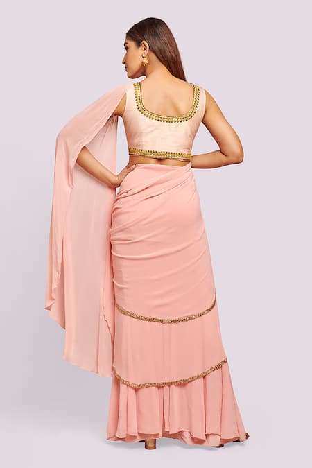 Blue Lotus Design Embroidered Peach Georgette Drape Saree 