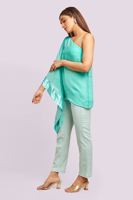 Blue Lotus Design_Blue Cotton, Georgette One Shoulder Asymmetrical Kaftan Top And Pant Set _Online_at_Aza_Fashions