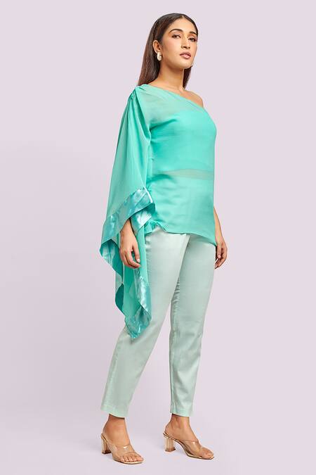 Buy_Blue Lotus Design_Blue Cotton, Georgette One Shoulder Asymmetrical Kaftan Top And Pant Set _Online_at_Aza_Fashions