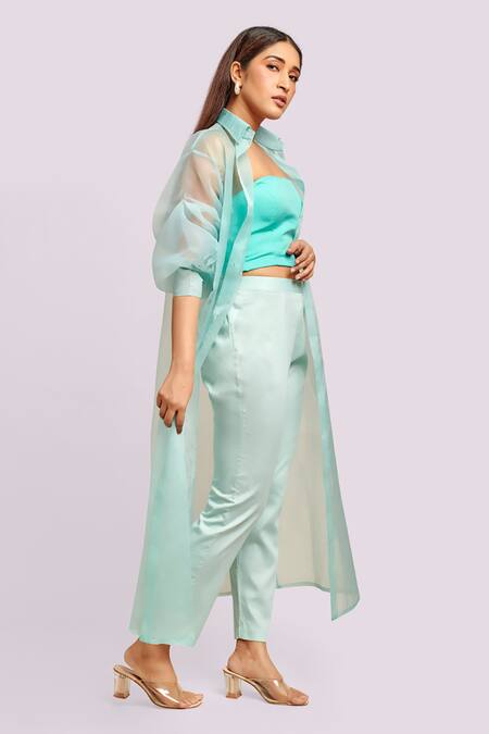 Blue Lotus Design Blue Organza, Cotton Round Neck Jacket Kurta Set Online at Aza Fashions Blue Lotus Design_Blue Organza, Cotton Round Neck Jacket Kurta Set _Online_at_Aza_Fashions