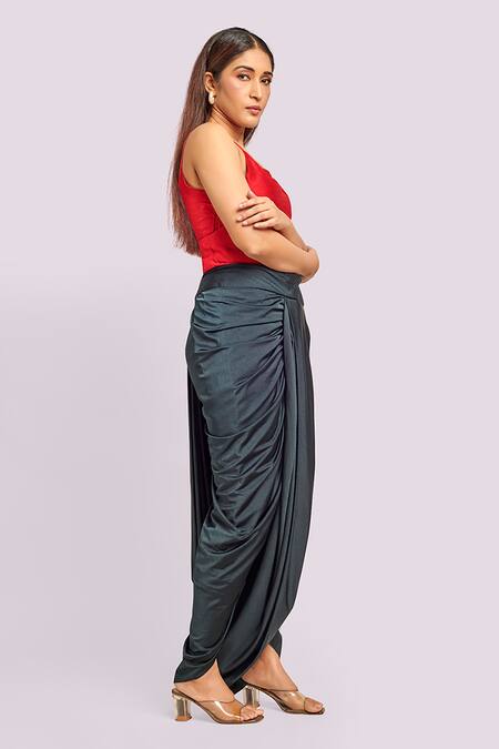 Blue Lotus Design_Red Trench Coat And Black Dhoti Set _Online_at_Aza_Fashions