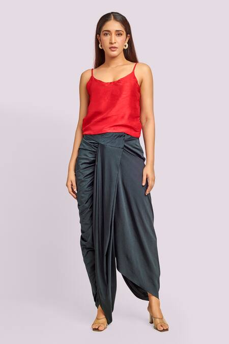 Buy_Blue Lotus Design_Red Trench Coat And Black Dhoti Set _Online_at_Aza_Fashions