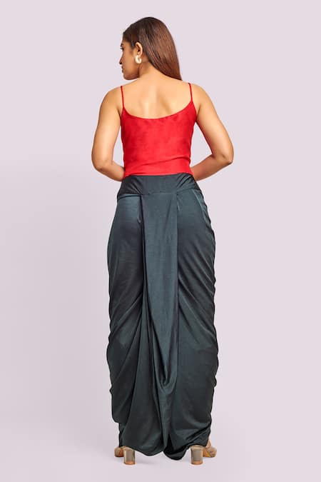 Blue Lotus Design Red Trench Coat & Black Dhoti Set 