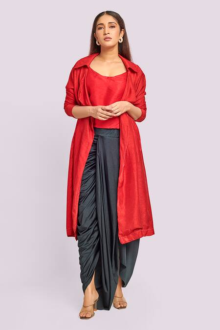 Shop_Blue Lotus Design_Red Trench Coat And Black Dhoti Set _Online_at_Aza_Fashions