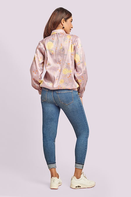 Blue Lotus Design Printed Silk Bomber Jacket 