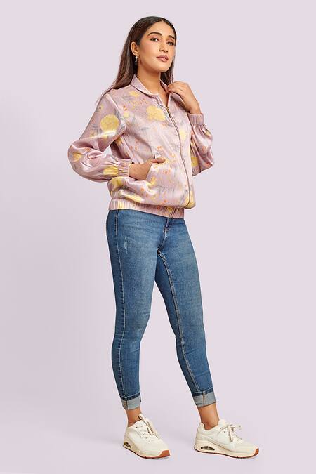 Blue Lotus Design Mauve Silk Round Neck Printed Bomber Jacket Online at Aza Fashions Blue Lotus Design_Mauve Silk Round Neck Printed Bomber Jacket _Online_at_Aza_Fashions